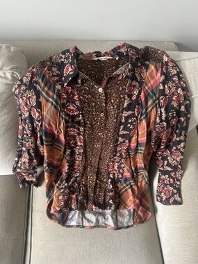 Soft Surroundings Mixed Print Button-Front Blouse in Black, Brown, Rust-bohemian